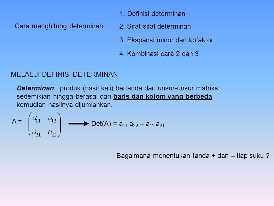 1. Definisi determinan Cara menghitung determinan : 2. Sifat-sifat determinan. 3. Ekspansi minor dan kofaktor.