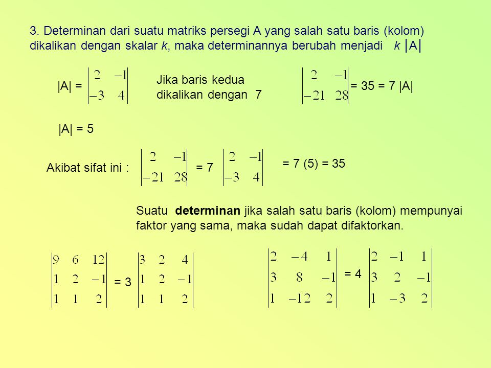 3. Determinan dari suatu matriks persegi A yang salah satu baris (kolom)