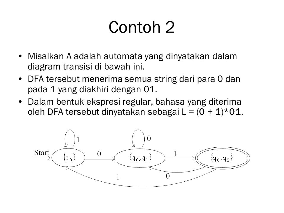 Contoh 2 Misalkan A adalah automata yang dinyatakan dalam diagram transisi di bawah ini.