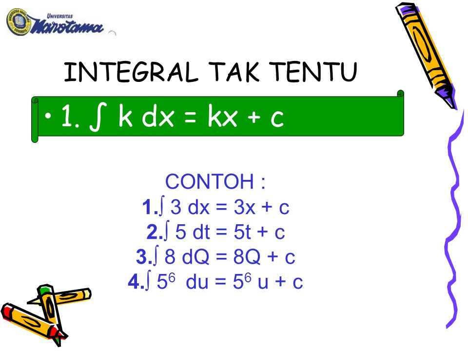 1. ∫ k dx = kx + c INTEGRAL TAK TENTU CONTOH : ∫ 3 dx = 3x + c