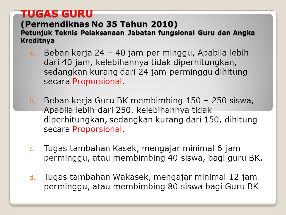 TUGAS GURU (Permendiknas No 35 Tahun 2010) Petunjuk Teknis Pelaksanaan Jabatan fungsional Guru dan Angka Kreditnya