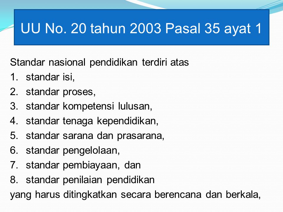 UU No. 20 tahun 2003 Pasal 35 ayat 1 Standar nasional pendidikan terdiri atas. standar isi, standar proses,