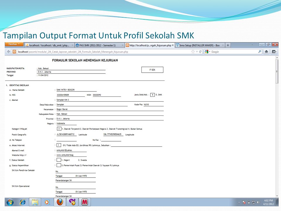 Tampilan Output Format Untuk Profil Sekolah SMK