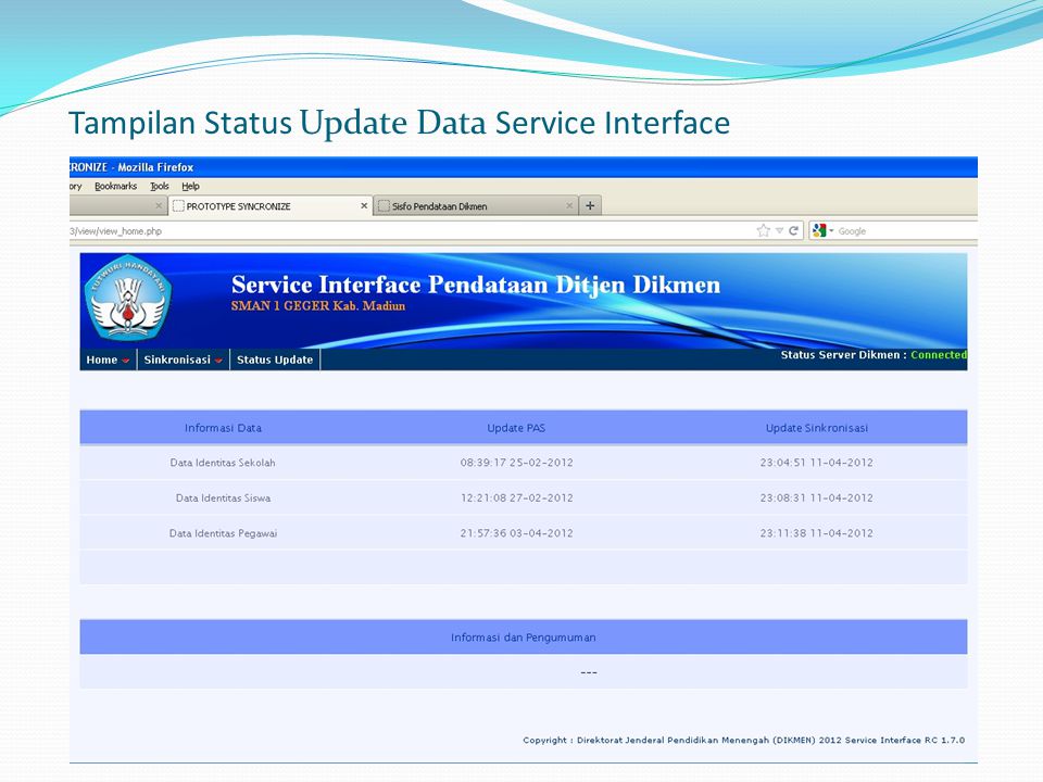 Tampilan Status Update Data Service Interface