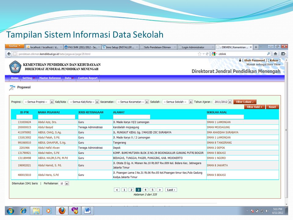 Tampilan Sistem Informasi Data Sekolah