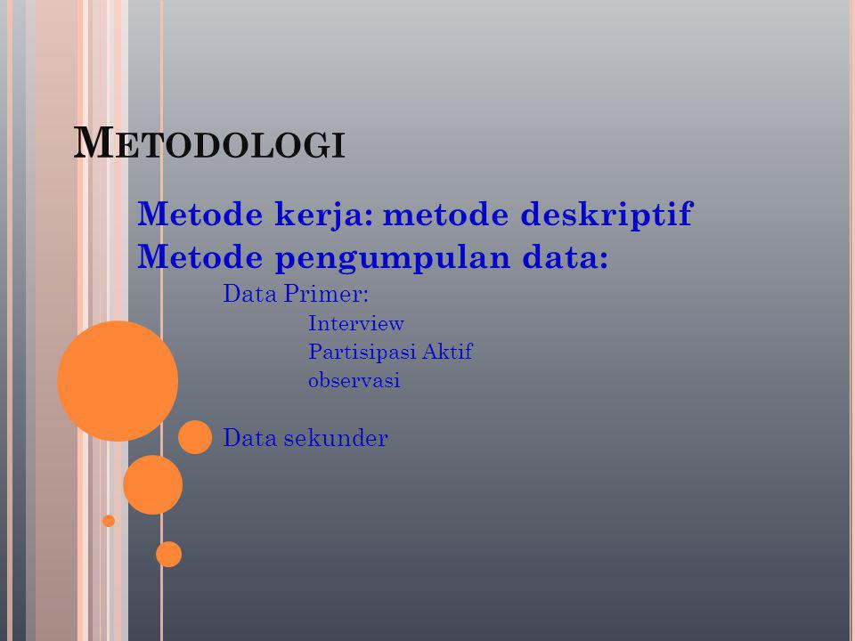 Metodologi Metode kerja: metode deskriptif Metode pengumpulan data: