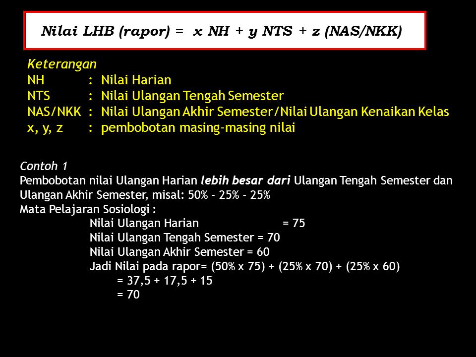 Nilai LHB (rapor) = x NH + y NTS + z (NAS/NKK)