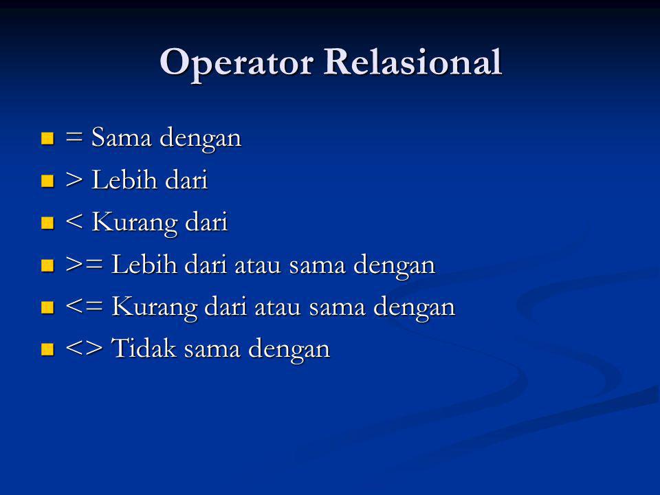 Operator Relasional = Sama dengan > Lebih dari < Kurang dari