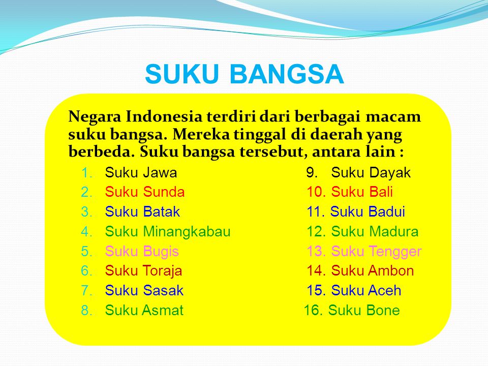 SUKU BANGSA Negara Indonesia terdiri dari berbagai macam suku bangsa. Mereka tinggal di daerah yang berbeda. Suku bangsa tersebut, antara lain :
