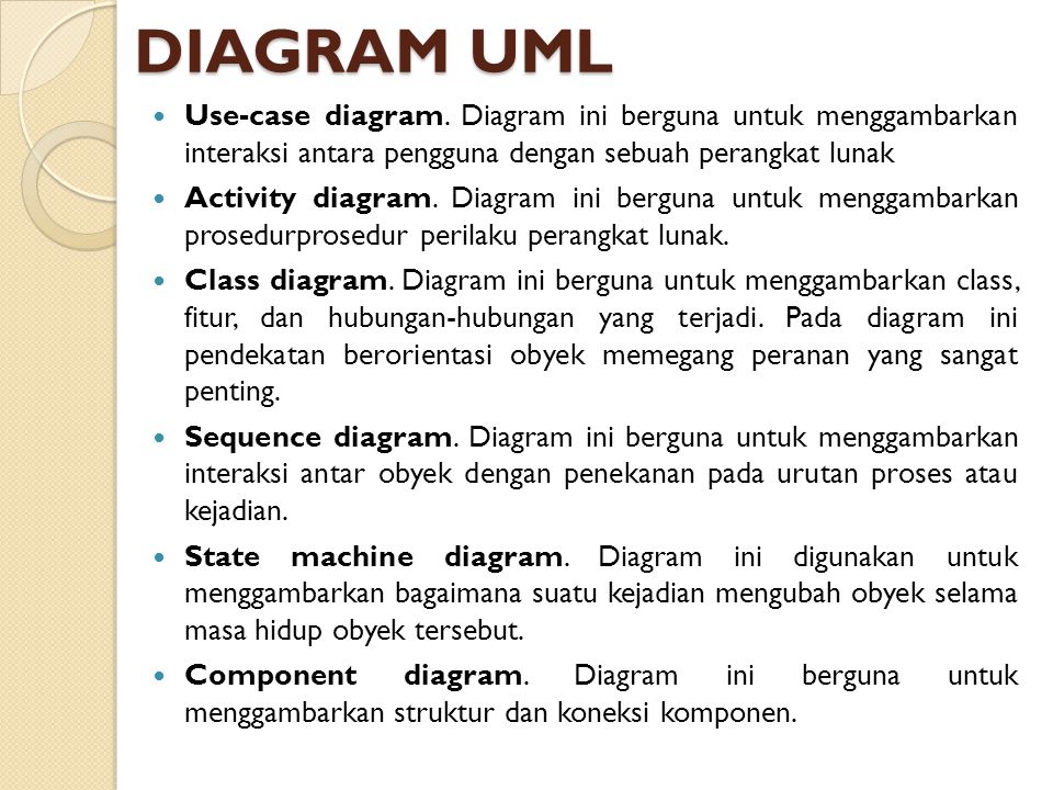 DIAGRAM UML Use-case diagram. Diagram ini berguna untuk menggambarkan interaksi antara pengguna dengan sebuah perangkat lunak.