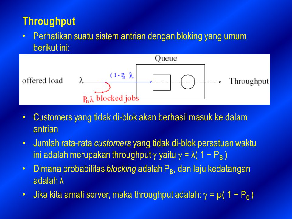 Throughput Perhatikan suatu sistem antrian dengan bloking yang umum berikut ini: Customers yang tidak di-blok akan berhasil masuk ke dalam antrian.