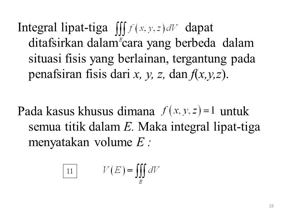 Integral lipat-tiga dapat ditafsirkan dalam cara yang berbeda dalam situasi fisis yang berlainan, tergantung pada penafsiran fisis dari x, y, z, dan f(x,y,z).
