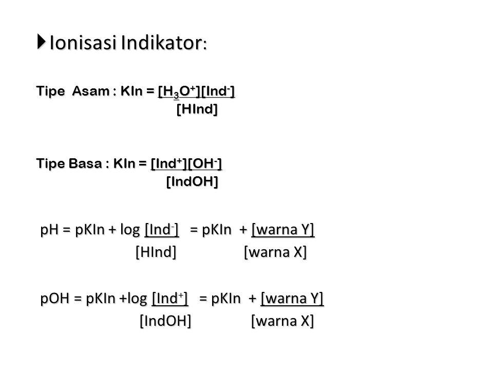 Ionisasi Indikator: pH = pKIn + log [Ind-] = pKIn + [warna Y]