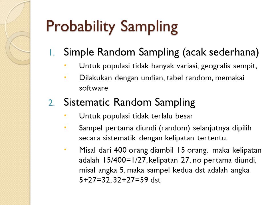 Probability Sampling Simple Random Sampling (acak sederhana)
