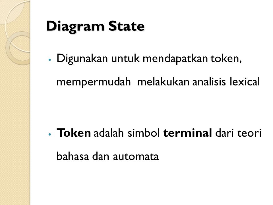 Diagram State Digunakan untuk mendapatkan token, mempermudah melakukan analisis lexical.