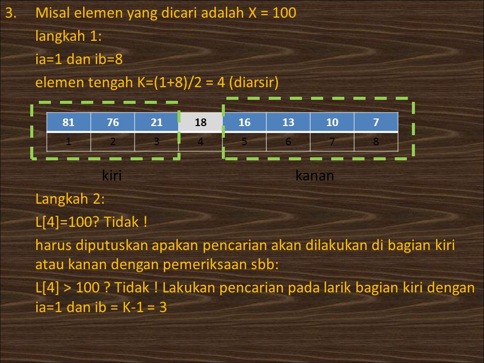 Misal elemen yang dicari adalah X = 100 langkah 1: ia=1 dan ib=8