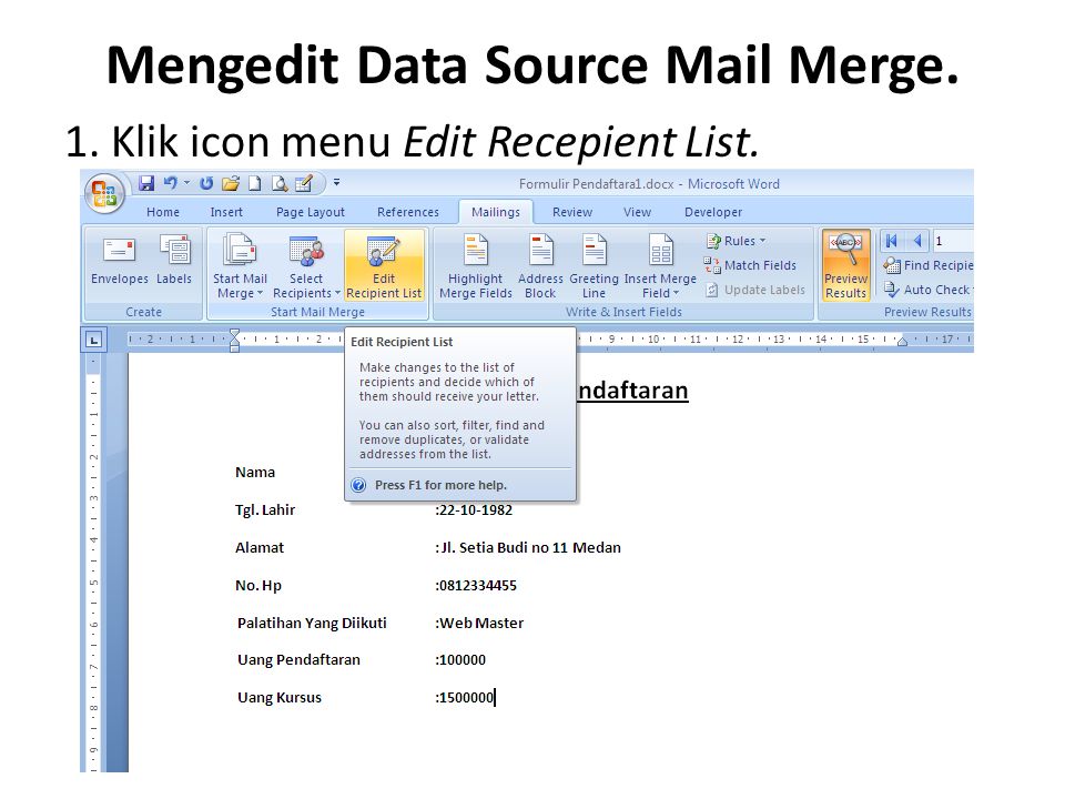 Mengedit Data Source Mail Merge.