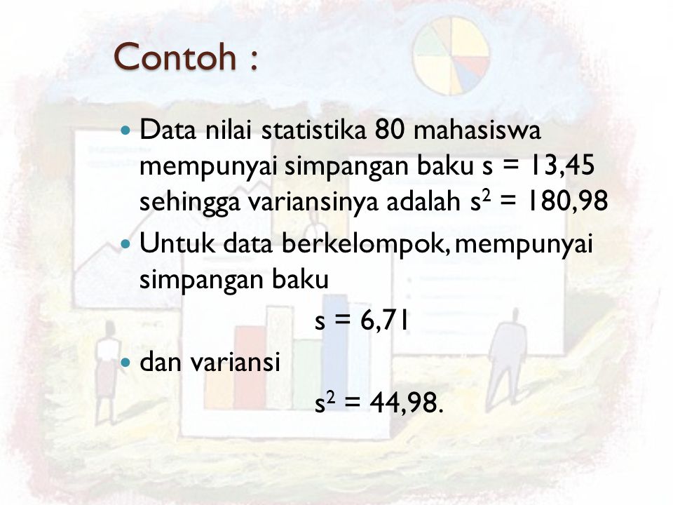Contoh : Data nilai statistika 80 mahasiswa mempunyai simpangan baku s = 13,45 sehingga variansinya adalah s2 = 180,98.