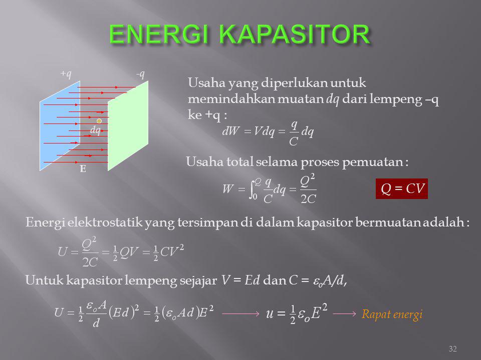 ENERGI KAPASITOR C. +q. -q. E. Usaha yang diperlukan untuk memindahkan muatan dq dari lempeng –q ke +q :