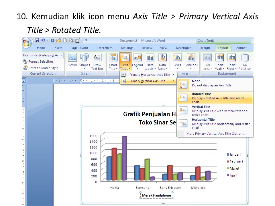 10. Kemudian klik icon menu Axis Title > Primary Vertical Axis Title > Rotated Title.