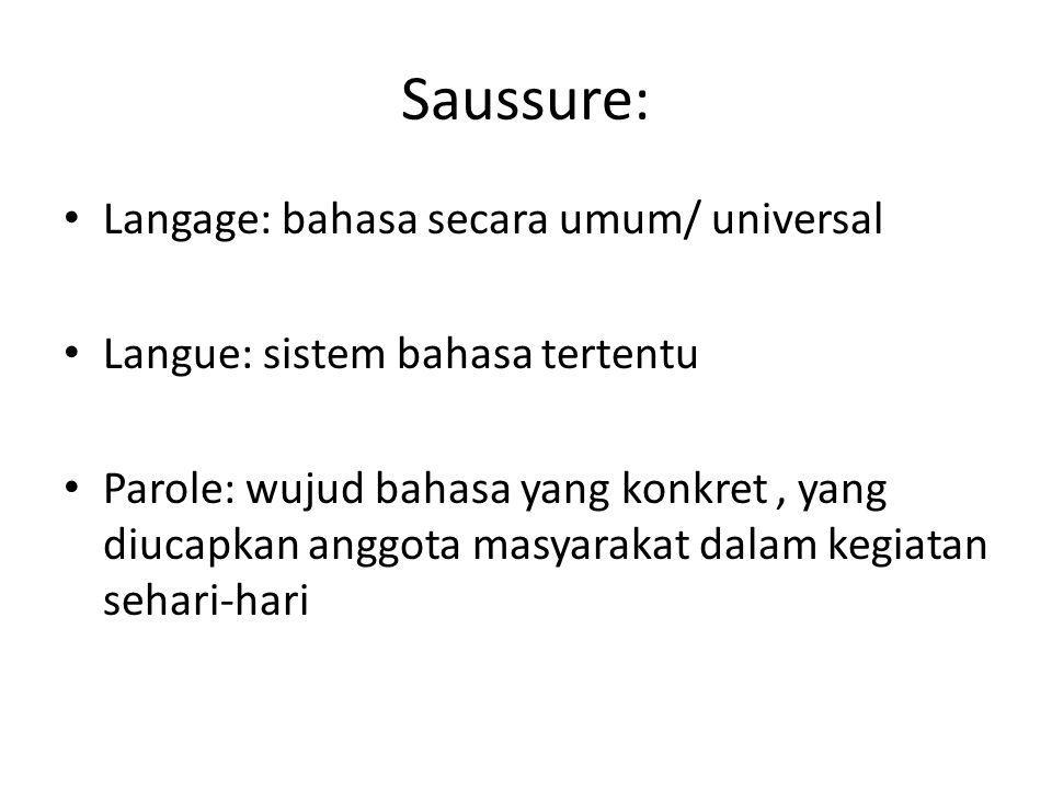 Saussure: Langage: bahasa secara umum/ universal