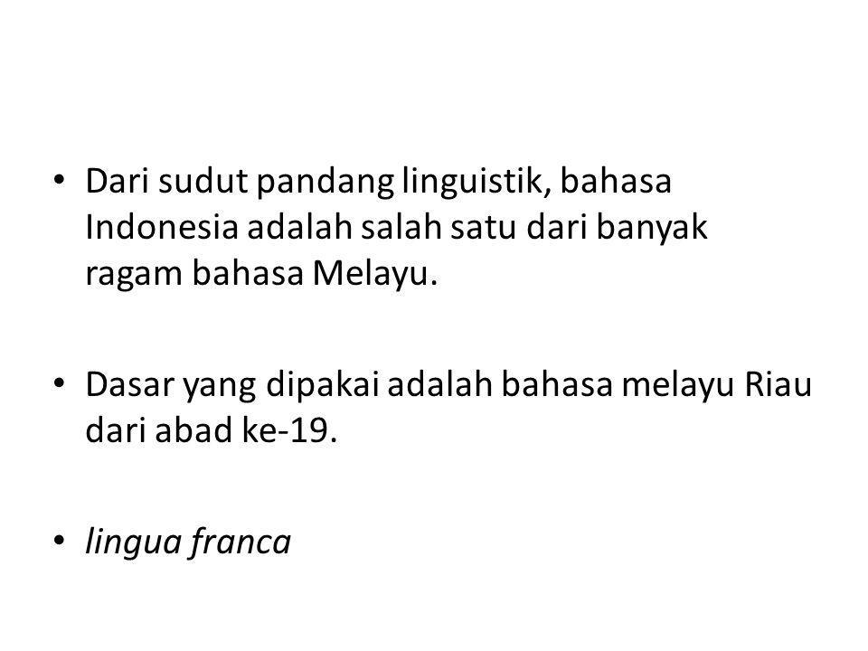 Dari sudut pandang linguistik, bahasa Indonesia adalah salah satu dari banyak ragam bahasa Melayu.