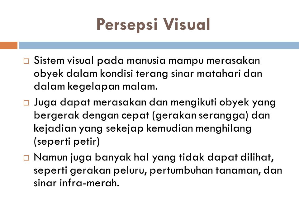 Persepsi Visual Sistem visual pada manusia mampu merasakan obyek dalam kondisi terang sinar matahari dan dalam kegelapan malam.