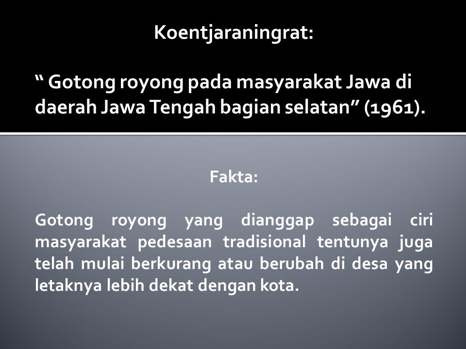 Koentjaraningrat: Gotong royong pada masyarakat Jawa di daerah Jawa Tengah bagian selatan (1961).