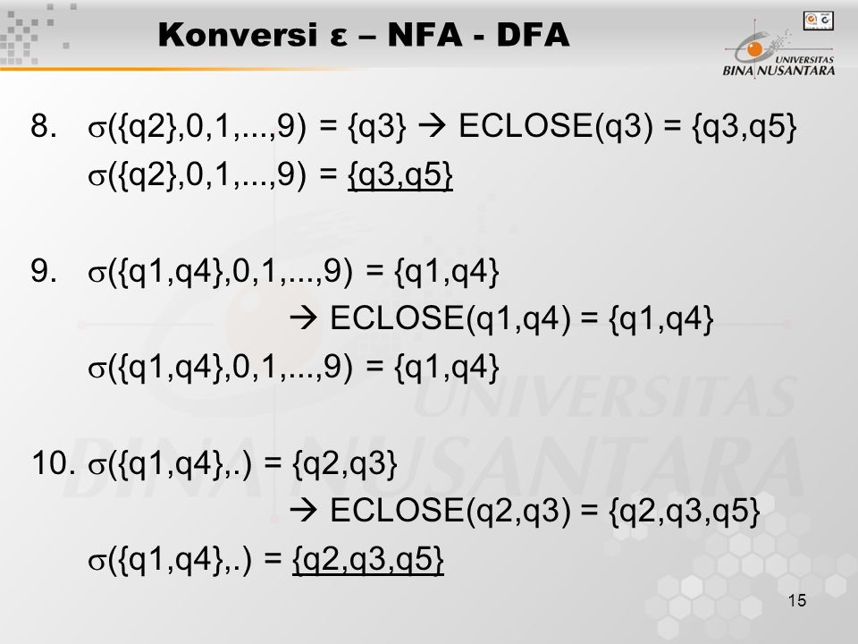Konversi ε – NFA - DFA 8. ({q2},0,1,...,9) = {q3}  ECLOSE(q3) = {q3,q5} ({q2},0,1,...,9) = {q3,q5}