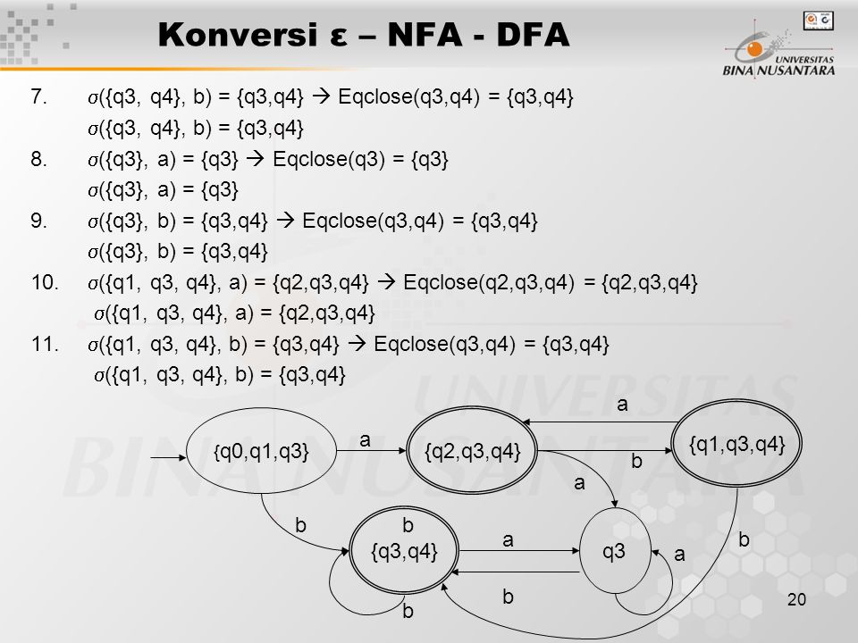 Konversi ε – NFA - DFA 7. ({q3, q4}, b) = {q3,q4}  Eqclose(q3,q4) = {q3,q4} ({q3, q4}, b) = {q3,q4}