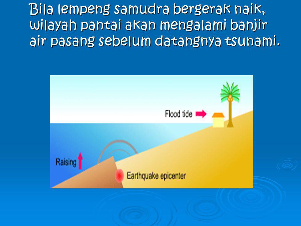 Bila lempeng samudra bergerak naik, wilayah pantai akan mengalami banjir air pasang sebelum datangnya tsunami.