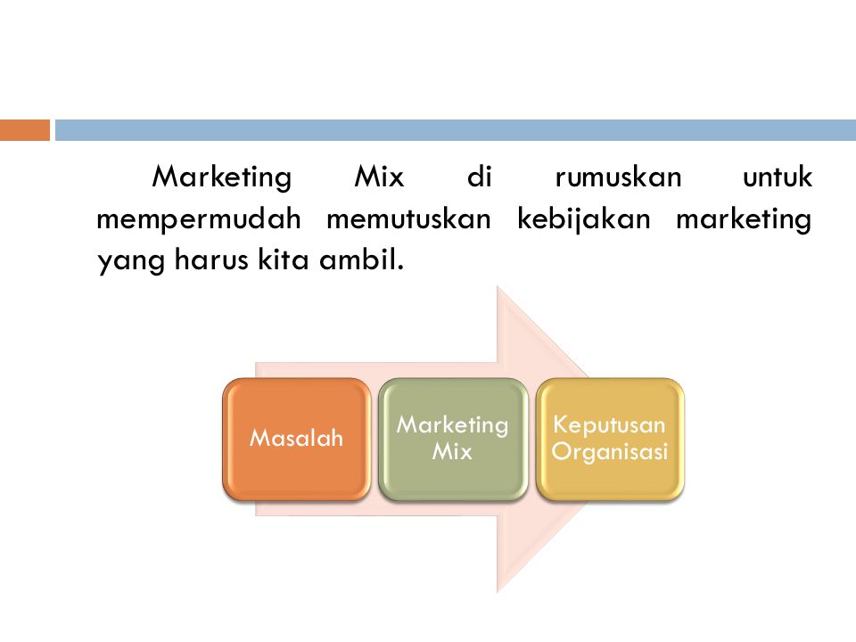 Marketing Mix di rumuskan untuk mempermudah memutuskan kebijakan marketing yang harus kita ambil.