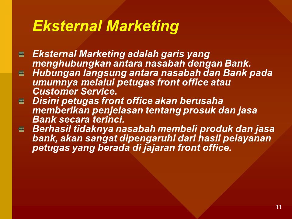Eksternal Marketing Eksternal Marketing adalah garis yang menghubungkan antara nasabah dengan Bank.