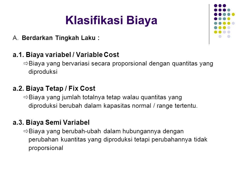 Klasifikasi Biaya a.1. Biaya variabel / Variable Cost