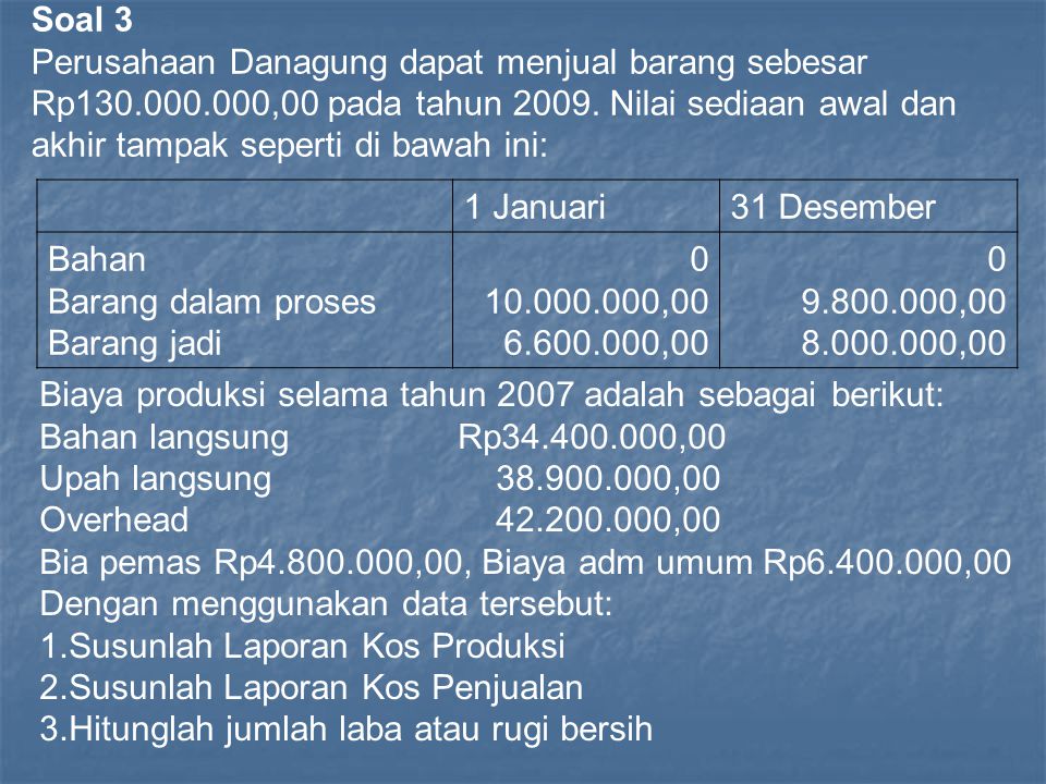 Soal 3 Perusahaan Danagung dapat menjual barang sebesar Rp ,00 pada tahun Nilai sediaan awal dan akhir tampak seperti di bawah ini: