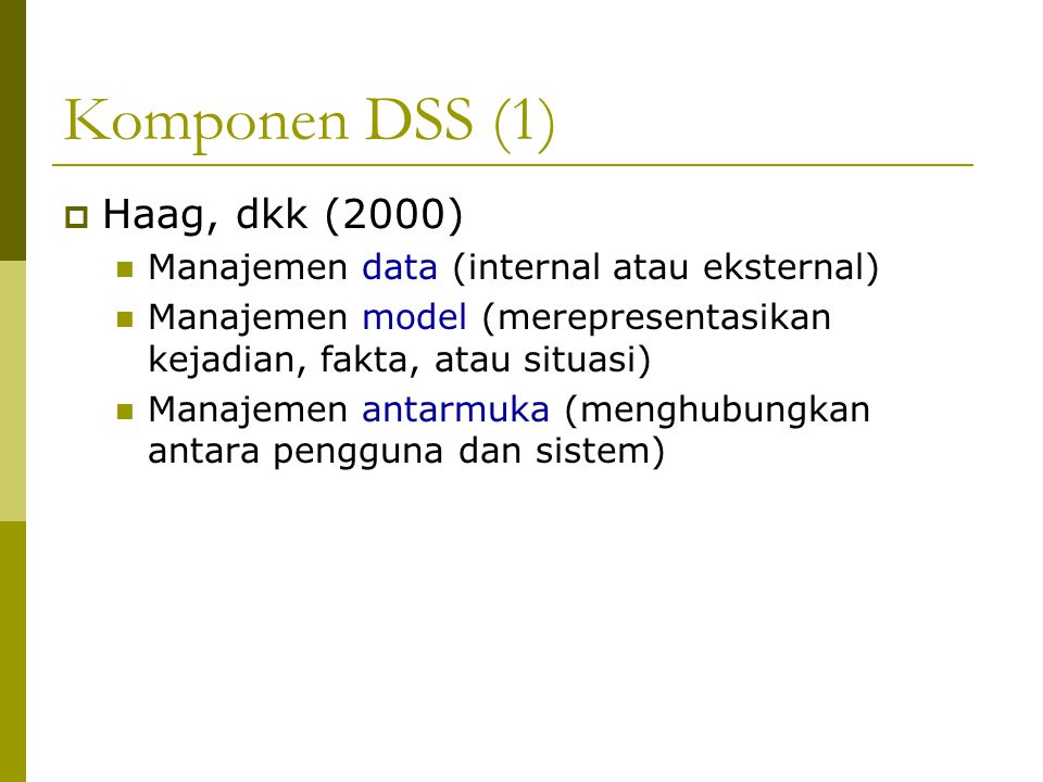 Komponen DSS (1) Haag, dkk (2000)