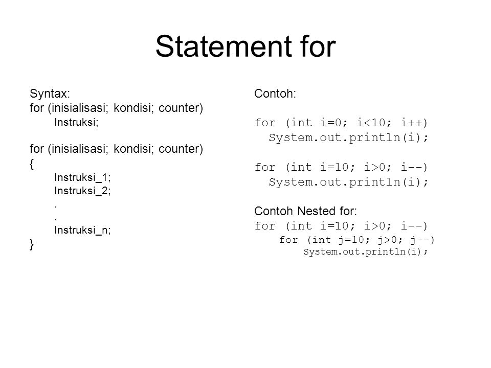Statement for Syntax: for (inisialisasi; kondisi; counter) { } Contoh: