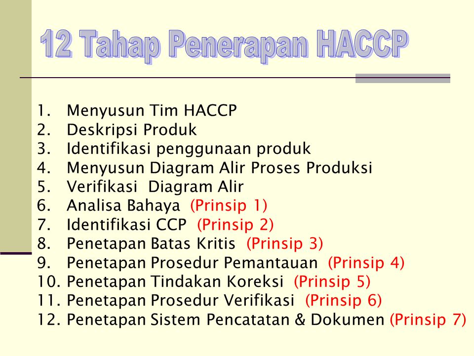 12 Tahap Penerapan HACCP 1. Menyusun Tim HACCP 2. Deskripsi Produk