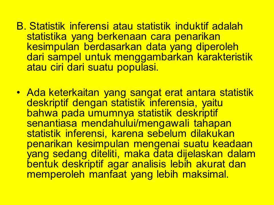 B. Statistik inferensi atau statistik induktif adalah statistika yang berkenaan cara penarikan kesimpulan berdasarkan data yang diperoleh dari sampel untuk menggambarkan karakteristik atau ciri dari suatu populasi.