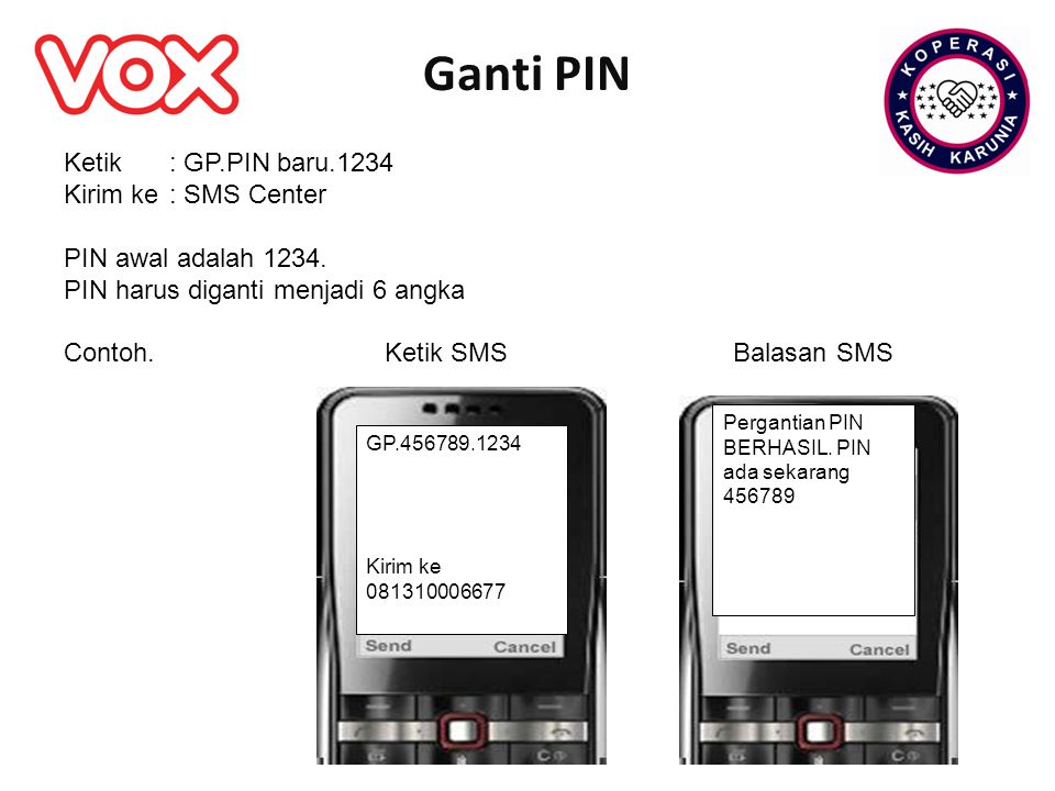 Ganti PIN Ketik : GP.PIN baru.1234 Kirim ke : SMS Center