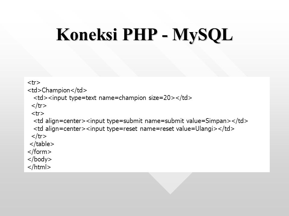 Koneksi PHP - MySQL <tr> <td>Champion</td>