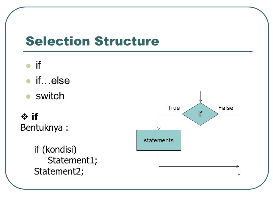 Selection Structure if if…else switch if Bentuknya : if (kondisi)