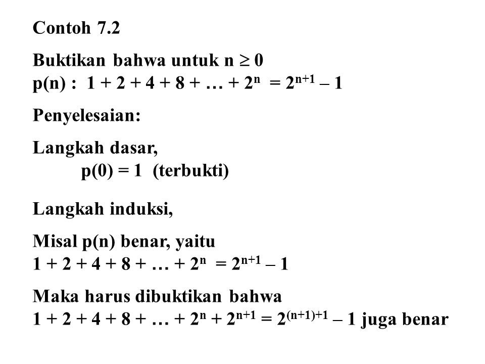 Contoh 7.2 Buktikan bahwa untuk n  0. p(n) : … + 2n = 2n+1 – 1. Penyelesaian: Langkah dasar,