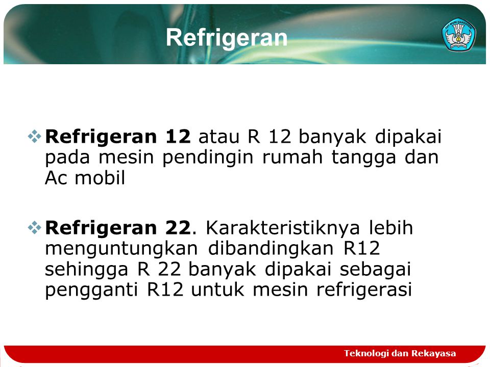 Refrigeran Refrigeran 12 atau R 12 banyak dipakai pada mesin pendingin rumah tangga dan Ac mobil.