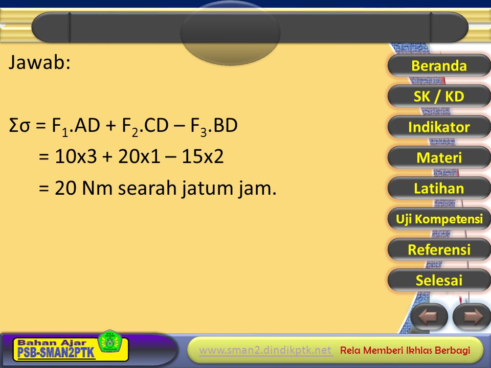 Jawab: Σσ = F1.AD + F2.CD – F3.BD = 10x3 + 20x1 – 15x2 = 20 Nm searah jatum jam.