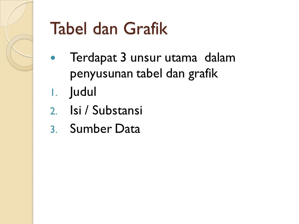 Tabel dan Grafik Terdapat 3 unsur utama dalam penyusunan tabel dan grafik. Judul. Isi / Substansi.