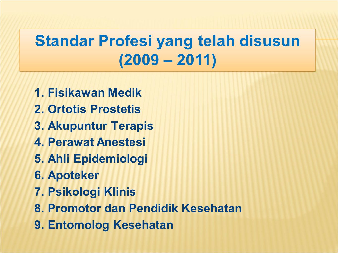Standar Profesi yang telah disusun (2009 – 2011)