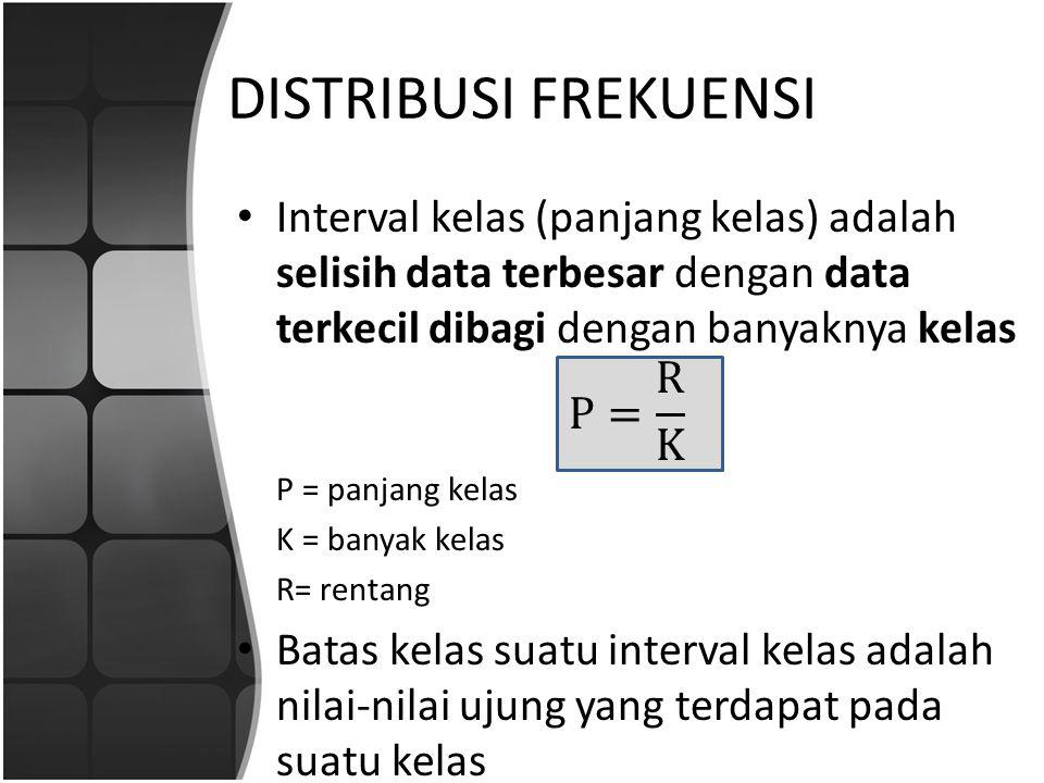 DISTRIBUSI FREKUENSI Interval kelas (panjang kelas) adalah selisih data terbesar dengan data terkecil dibagi dengan banyaknya kelas.