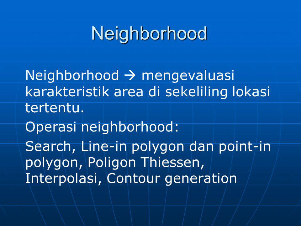 Neighborhood Neighborhood  mengevaluasi karakteristik area di sekeliling lokasi tertentu. Operasi neighborhood: