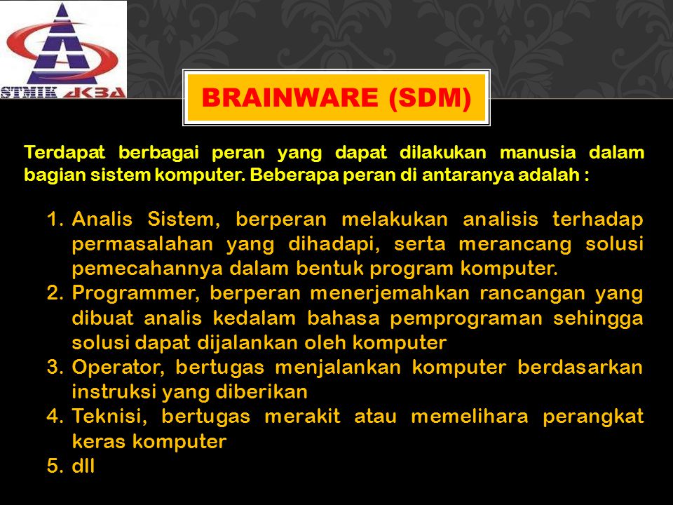 Brainware (SDM) Terdapat berbagai peran yang dapat dilakukan manusia dalam bagian sistem komputer. Beberapa peran di antaranya adalah :